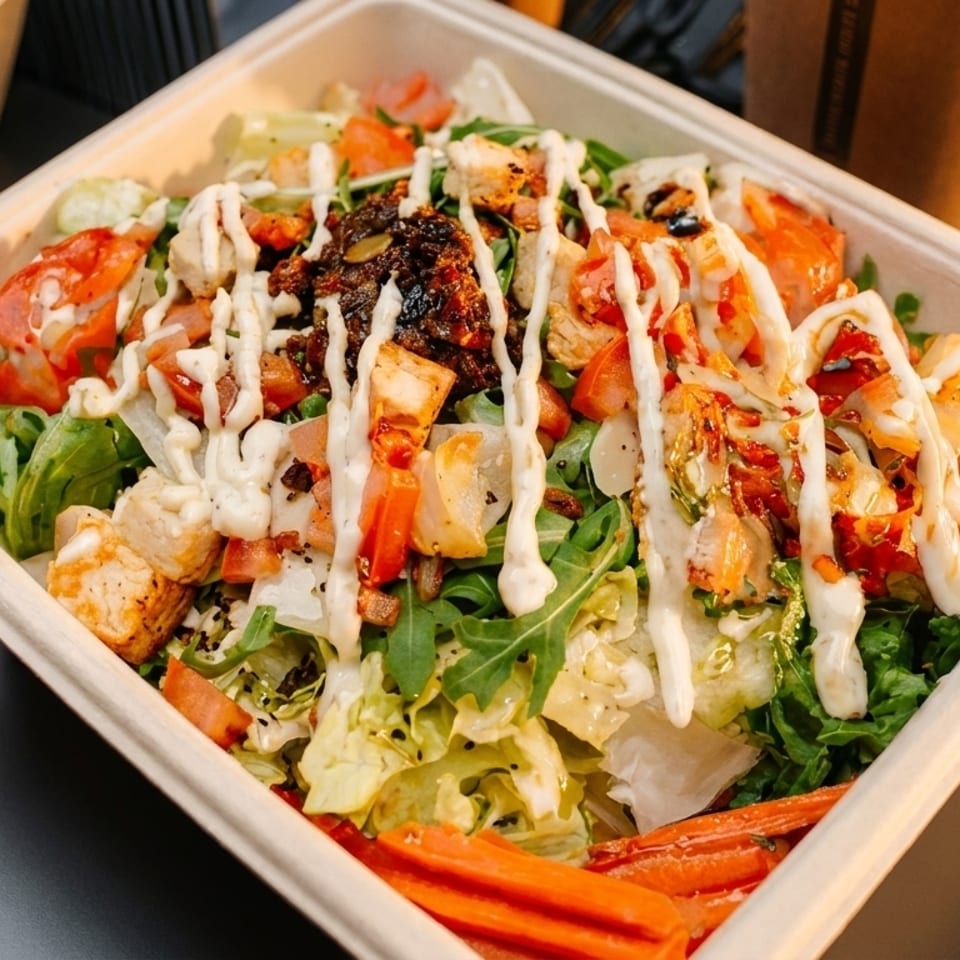 A vibrant salad with chicken, tomatoes, and dressing in a compostable container on a dark table.
