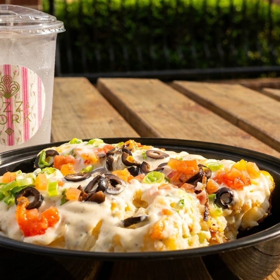 Loaded fries with cheese sauce, tomatoes, olives, and green onions, next to a Fizz & Fork drink.