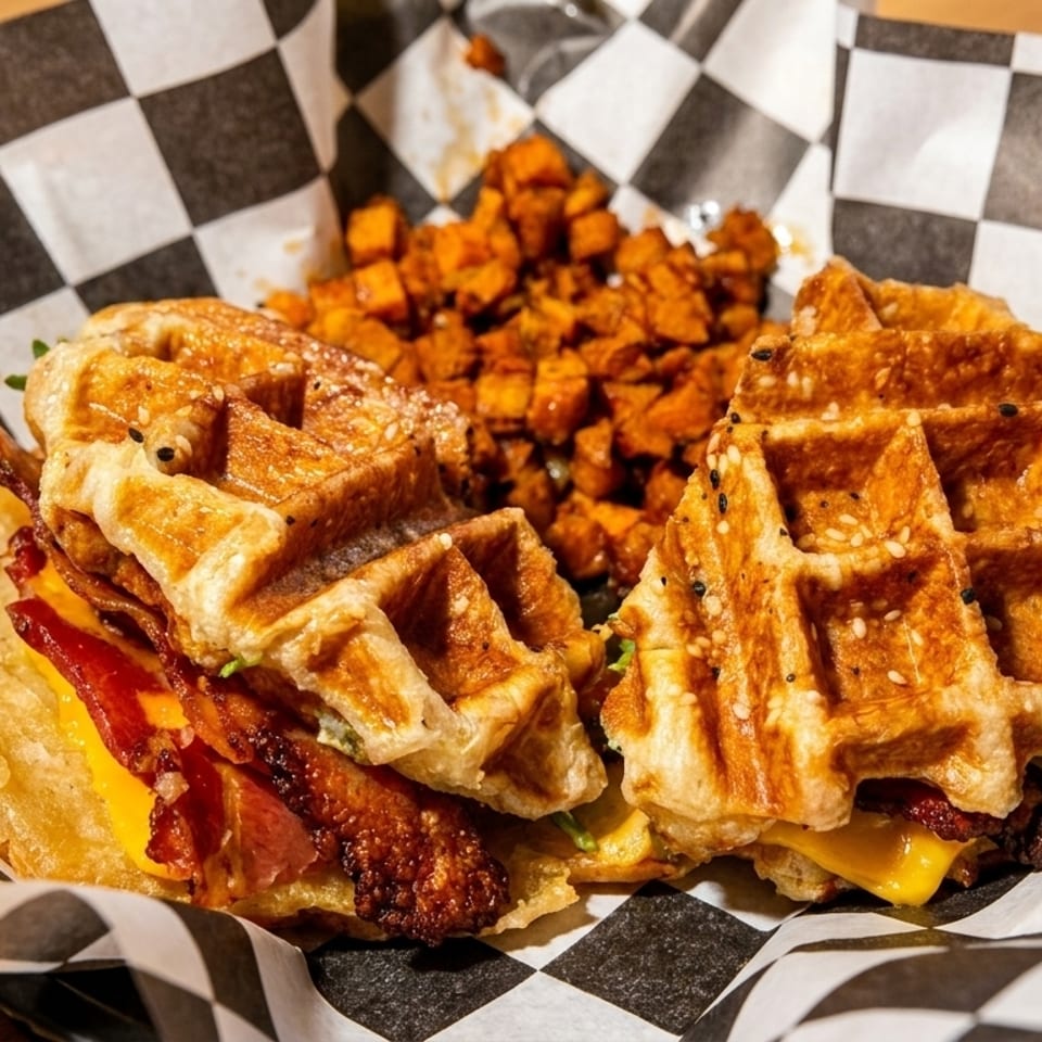 Waffle sandwiches with bacon, cheese, and greens, served with sweet potato cubes in checkered paper.